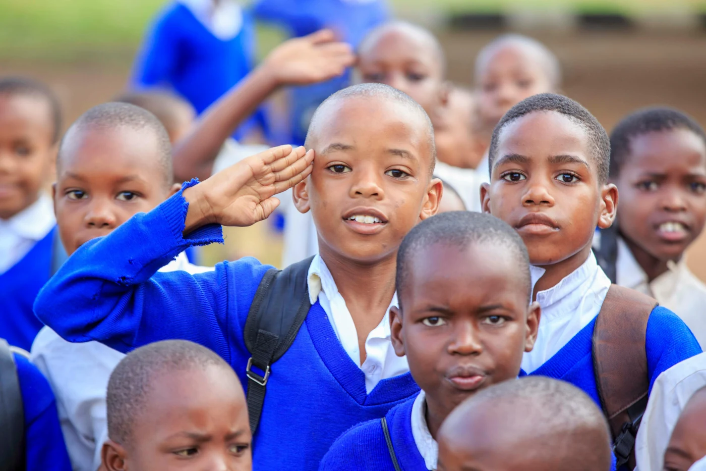 Schoolchildren in blue uniforms